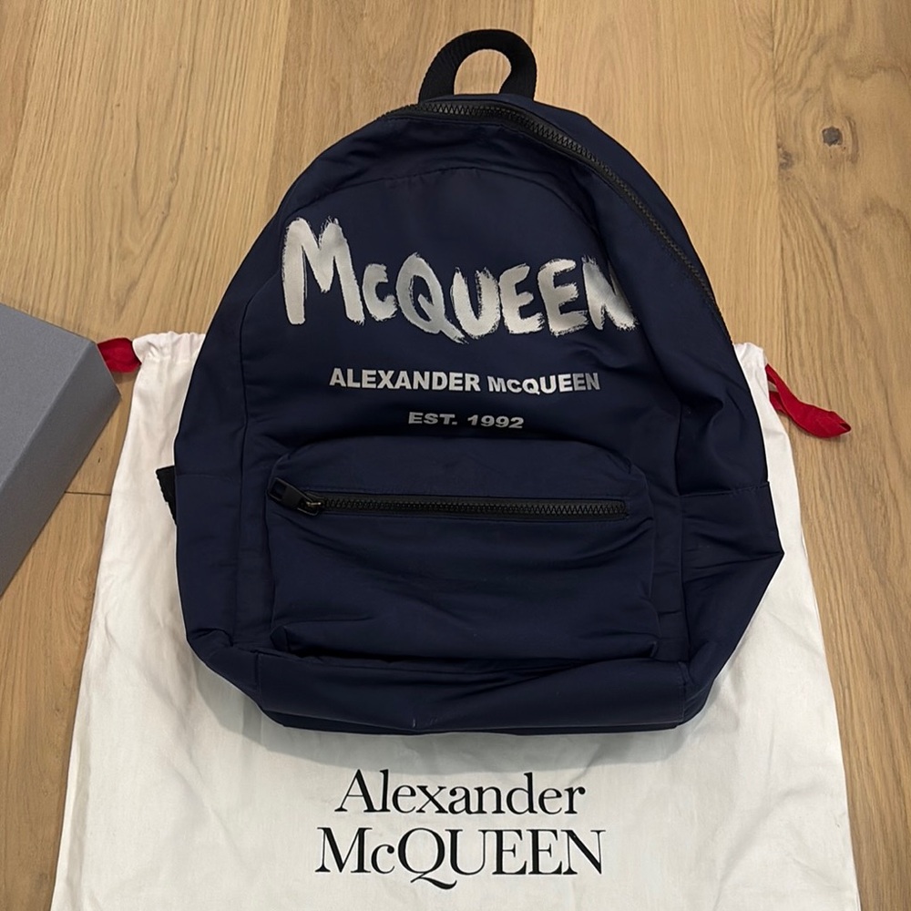 Alexander McQueen Dark Blue Backpack with White Logo